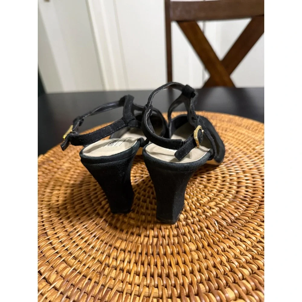 Studio Roma Black Suede Slingback Pumps T-Strap Block Heel Brazil Size 6.5 36